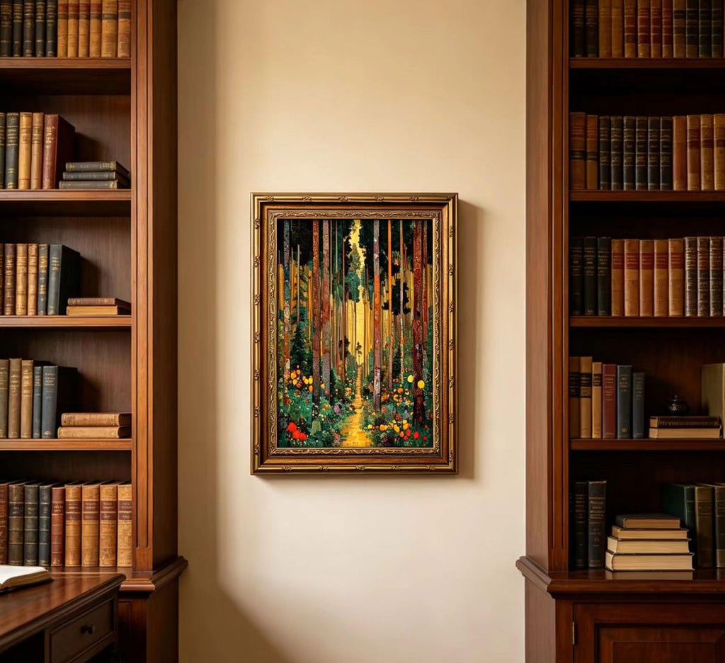 Vintage Gold Framed Forest Wall Art, Tree Path Art Nouveau Canvas Print, Abstract Nature Landscape Picture Wall