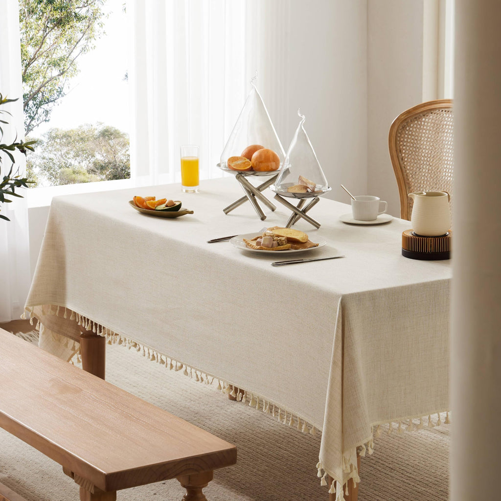 Tassel Linen Rectangular Table Cloth, Light Tan 52x70 Inch
