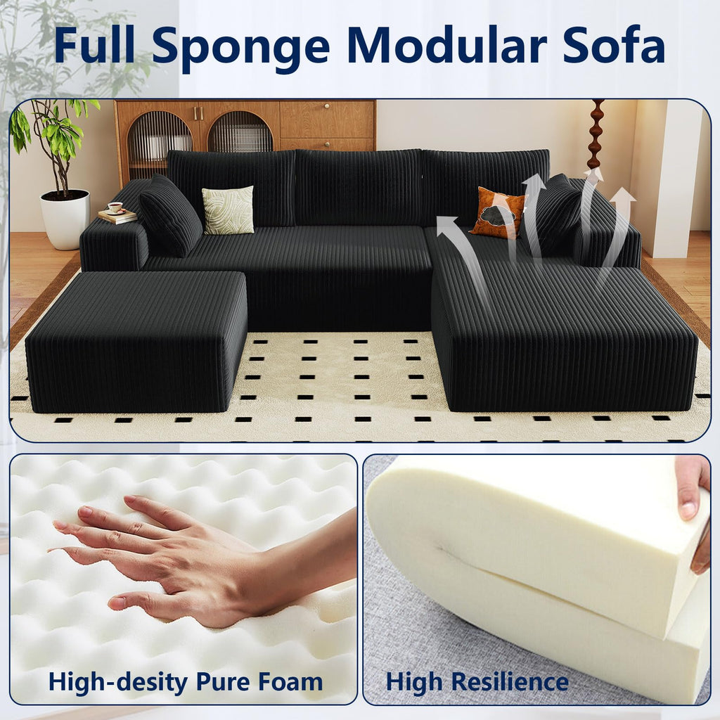 96" Boneless Couch with Ottoman, Modern U Shaped Cloud Sectional Couch