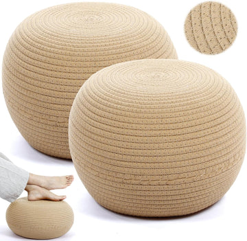 2 Pcs Handmade Round Cotton Knitted Low Pouf Ottoman - Set of 2