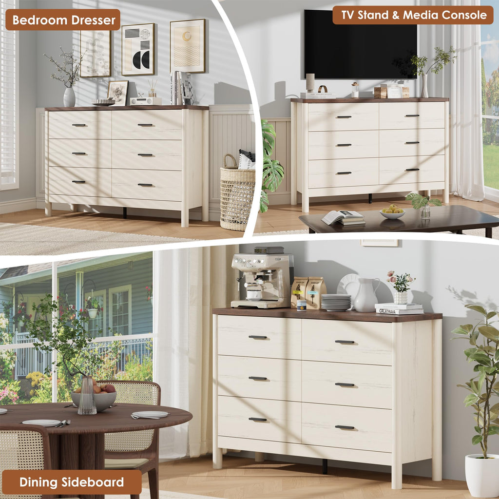 6 Drawer, Wooden Storage Chest of Drawers, White & Brown