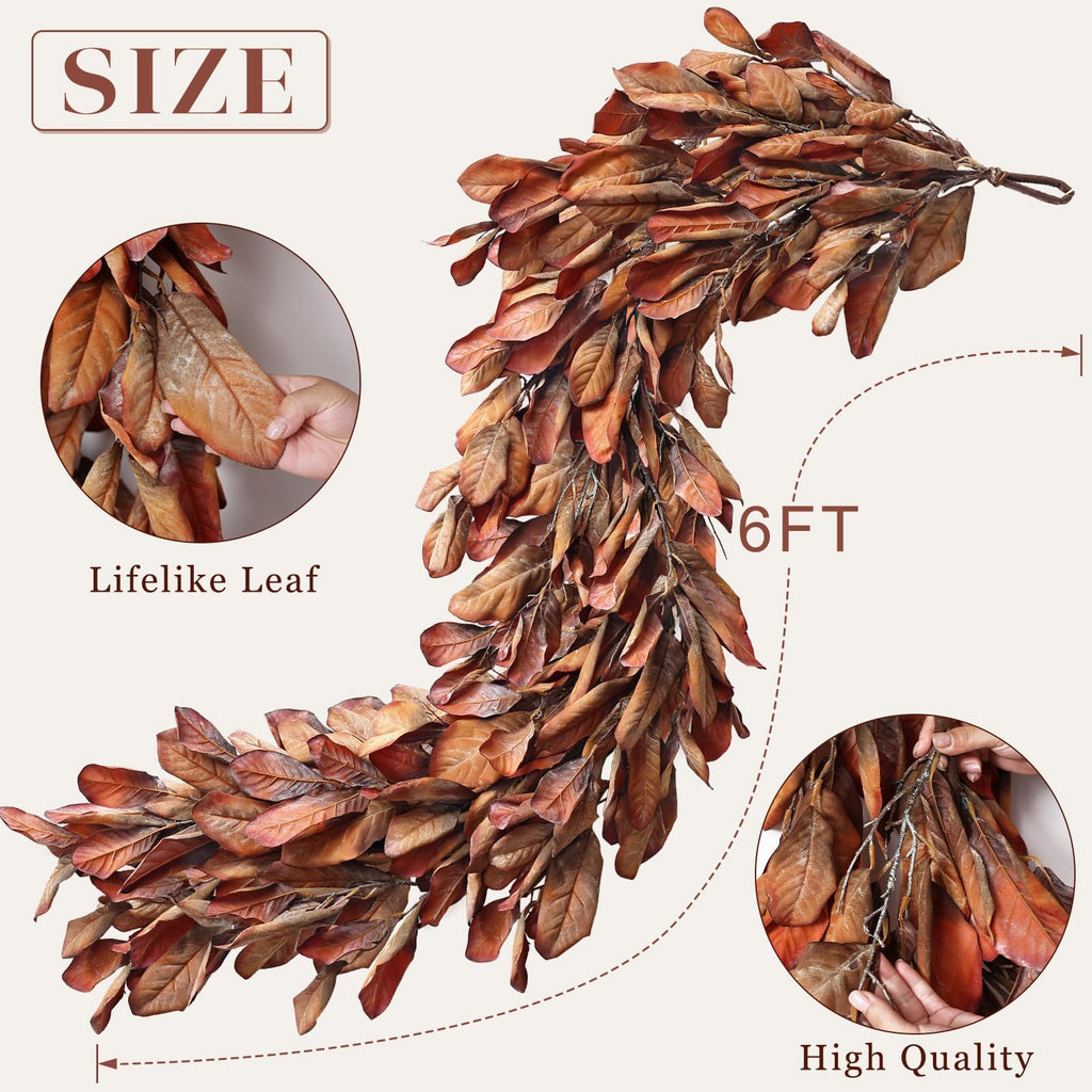 6 FT Artificial Fall Magnolia Leaf Garland for Fireplace Decoration(Orange)