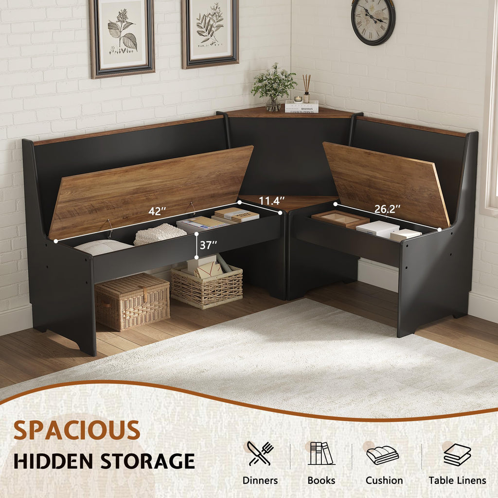 3-Piece Corner Dining Set with Hidden Storage, Black Oak