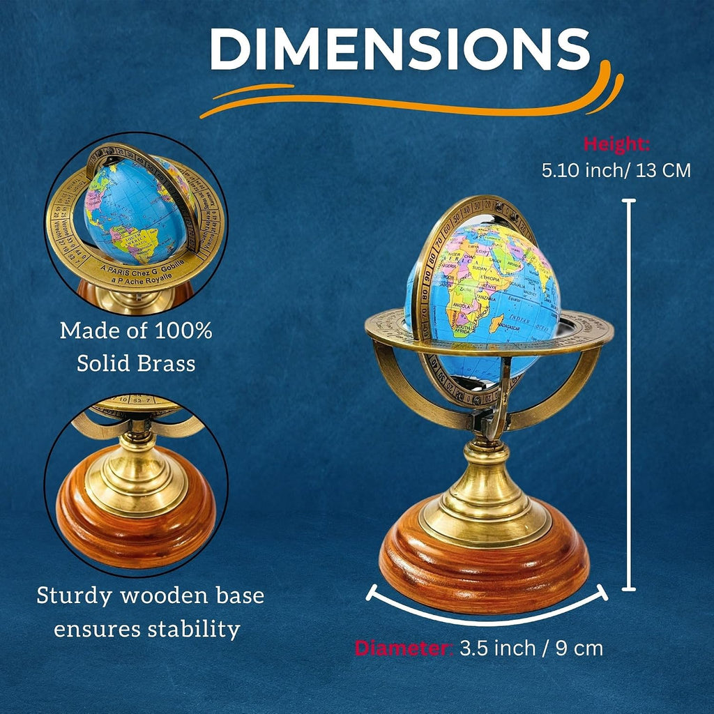 5.10" Nautical Brass Armillary Sphere World Globe with Aqua Blue Map, Brown Wooden Base - Elegant, Durable Decor or