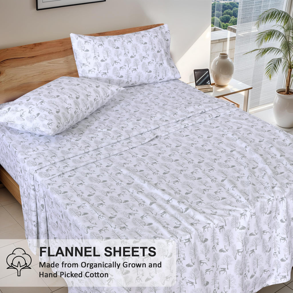 100% Organic Cotton Flannel Sheets Full Size Bed Set, Reindeer Rush
