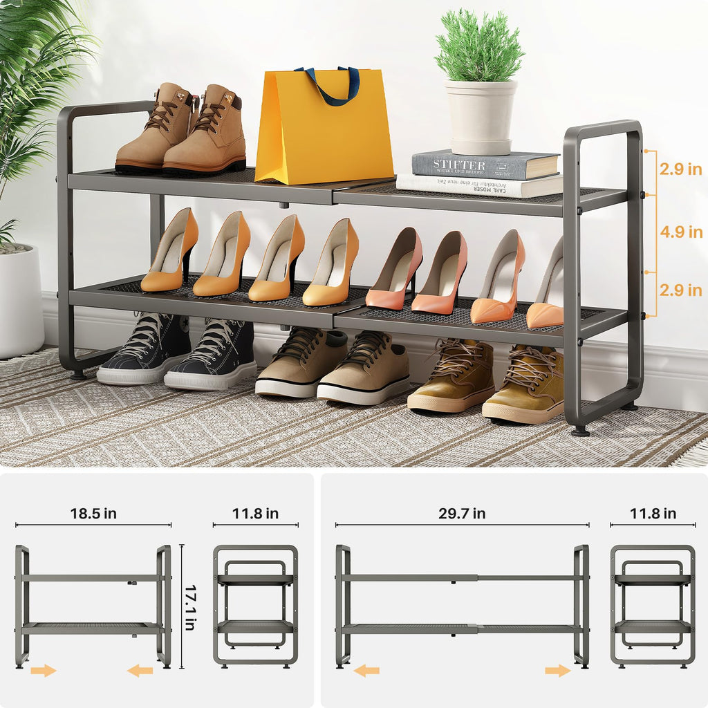 Expandable Metal Shoe Rack for Closet, Entryway & Garage, 2-Tier, Grey