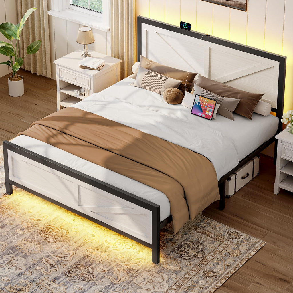 Rustic Farmhouse Bed Frame, Barn Door Headboard, White