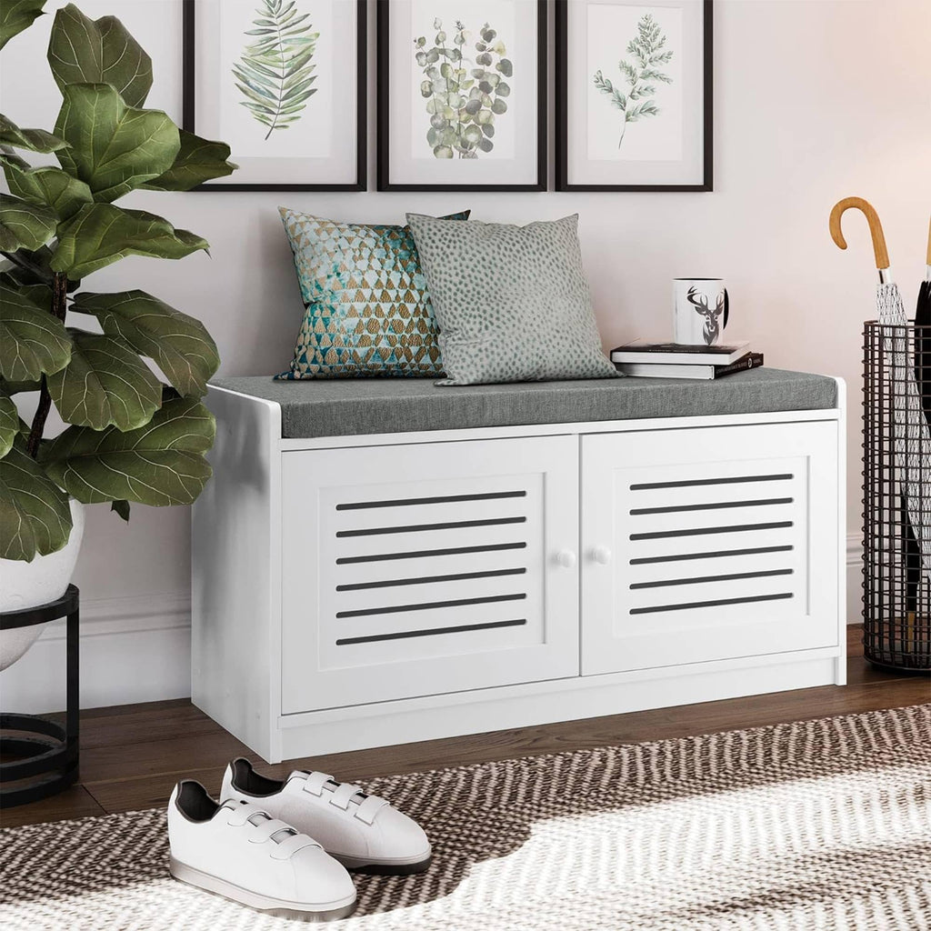 Shoe Storage Bench - Adjustable Shelves & Cushion Seat, White