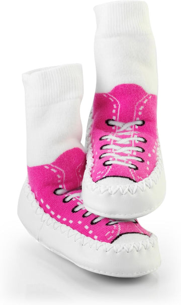 Toddler and Baby Moccasin Style Slipper Socks - Fuchsia Sneakers, 12-18 Months