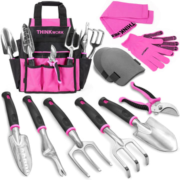 Pink Garden Tools, Gardening Gifts for Women, with 2 in 1 Detachable Storage Bag, Trowel, Transplanter, Rake, Weeder