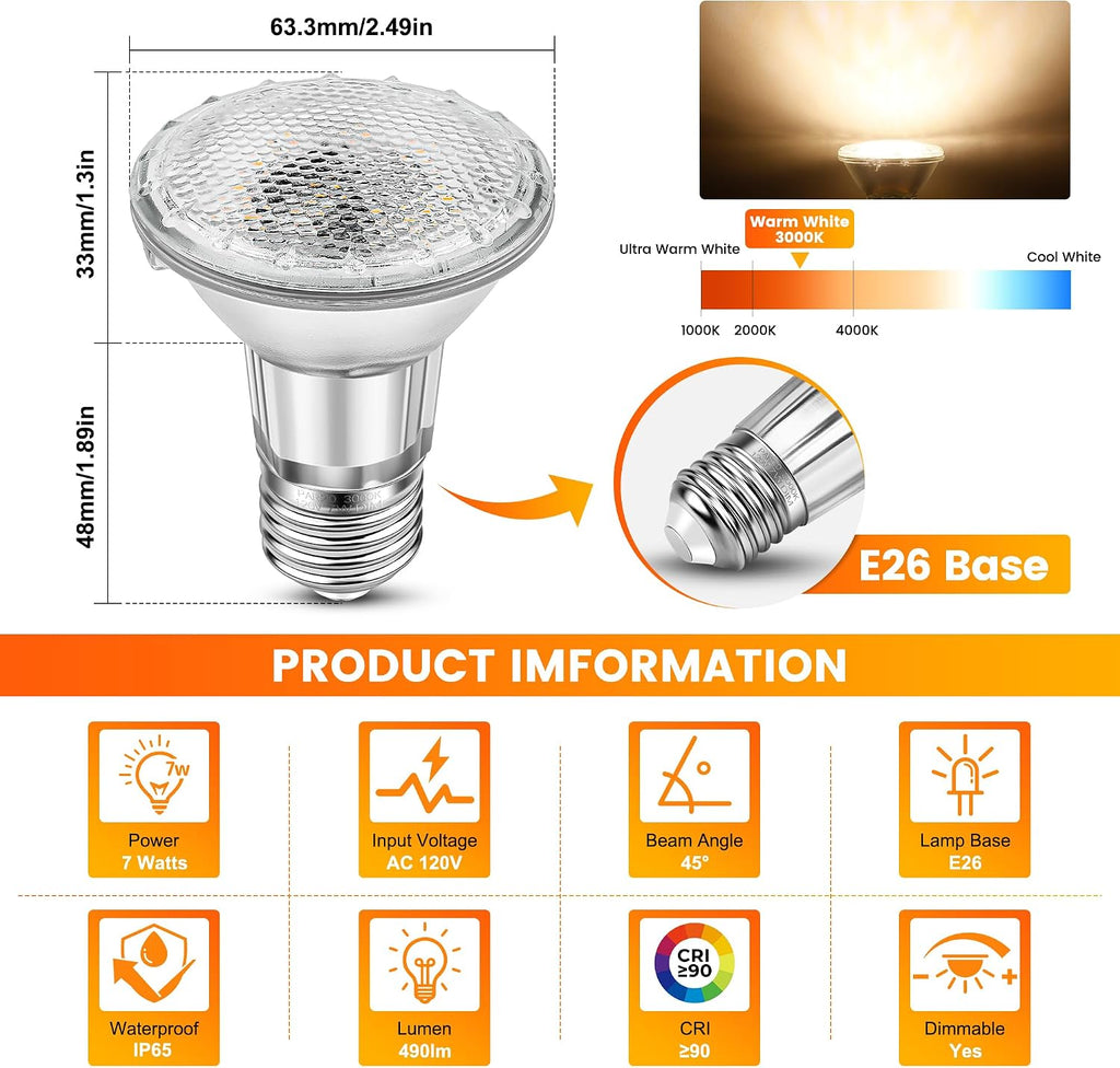 Par20 LED Bulbs, 7W 120V, 2700K, E26 Base, Dimmable, 2 Pack