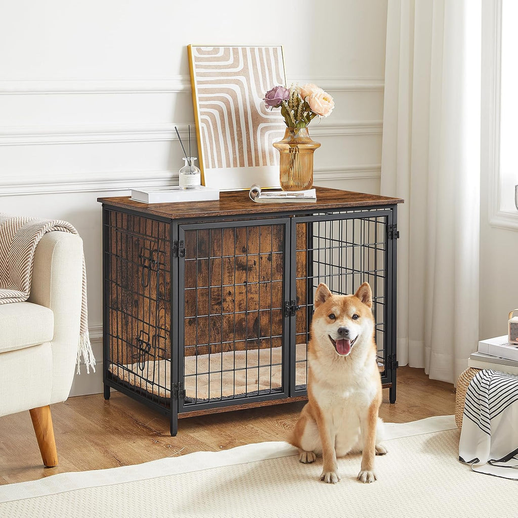 Dog Crate Furniture with Cushion, Wooden Dog Kennel with Double Doors, Heavy Duty Dog Cage for Small/Medium/Large Dogs