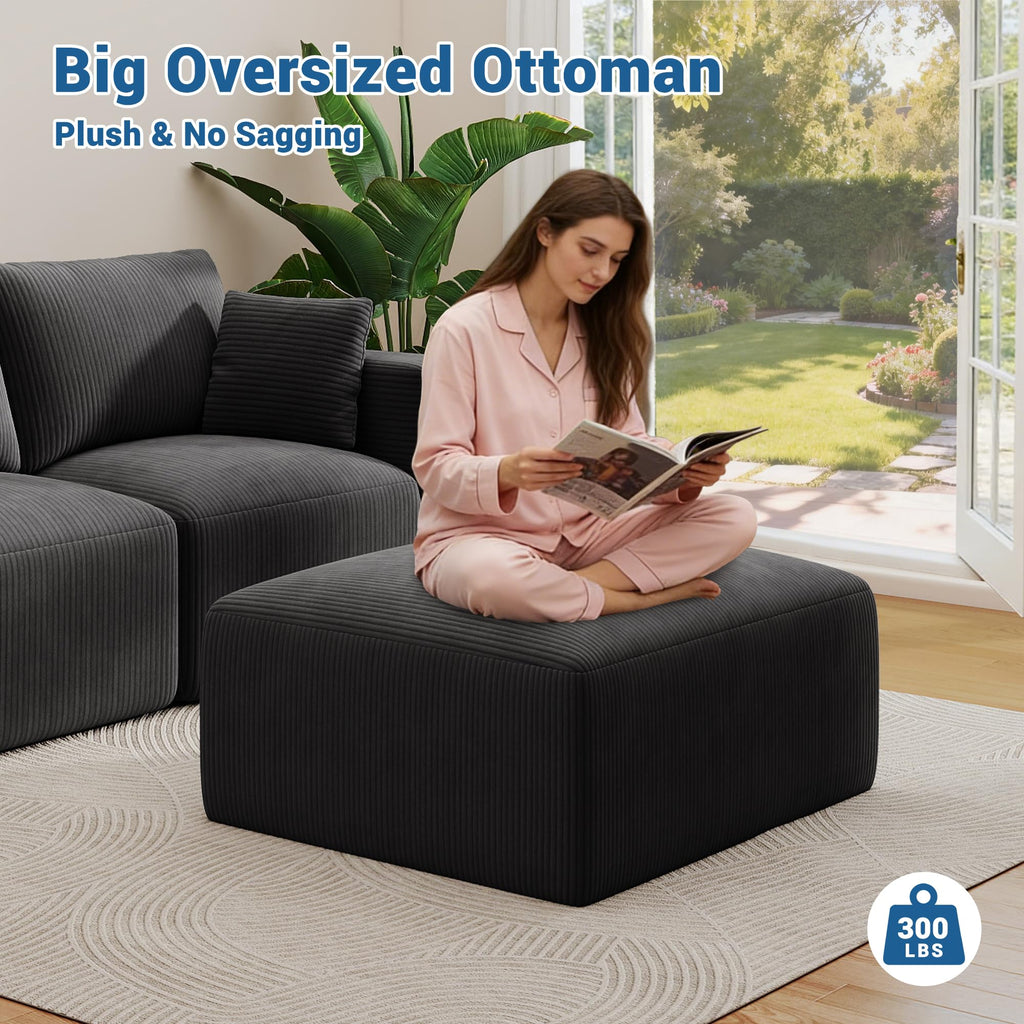40" Oversized Square Corduroy Ottoman, Large Ottoman Pouf Footstool, Black