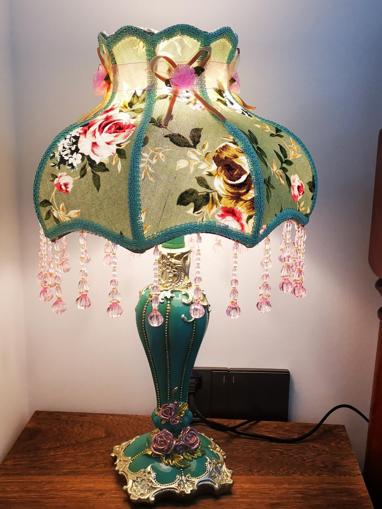 Dimmable Green Victorian Table Lamp Floral Fabric Shade