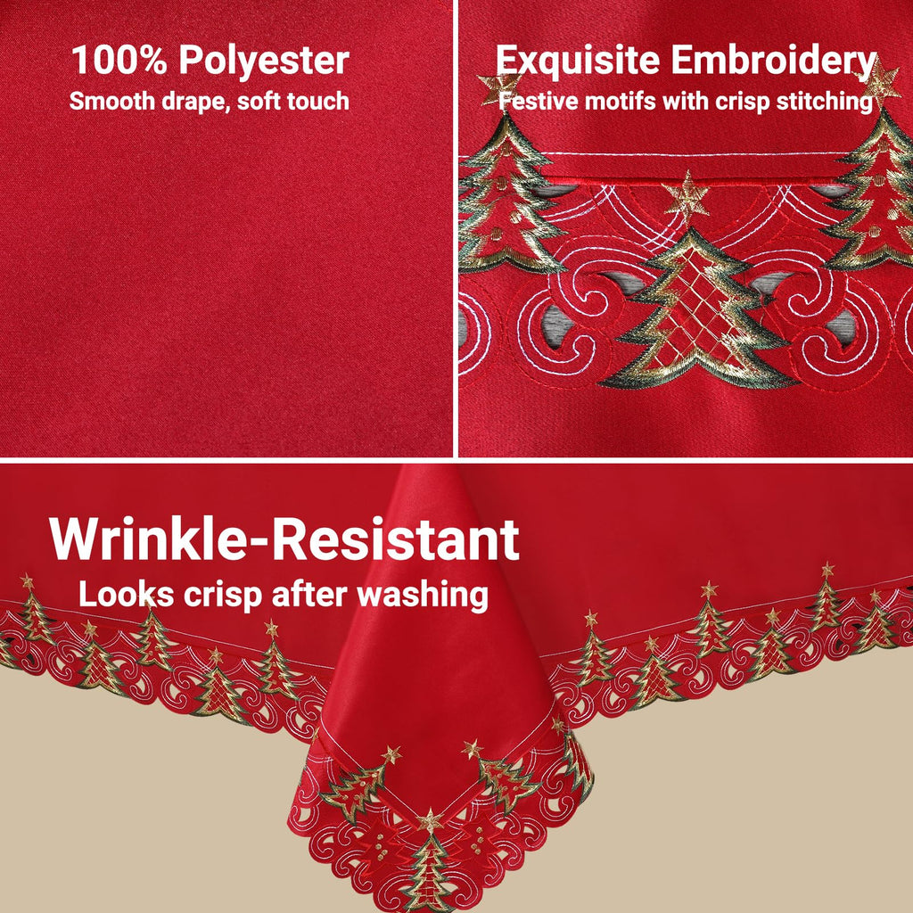 Embroidered Rectangle Christmas Tablecloth, 60 x 84 Inches, Red