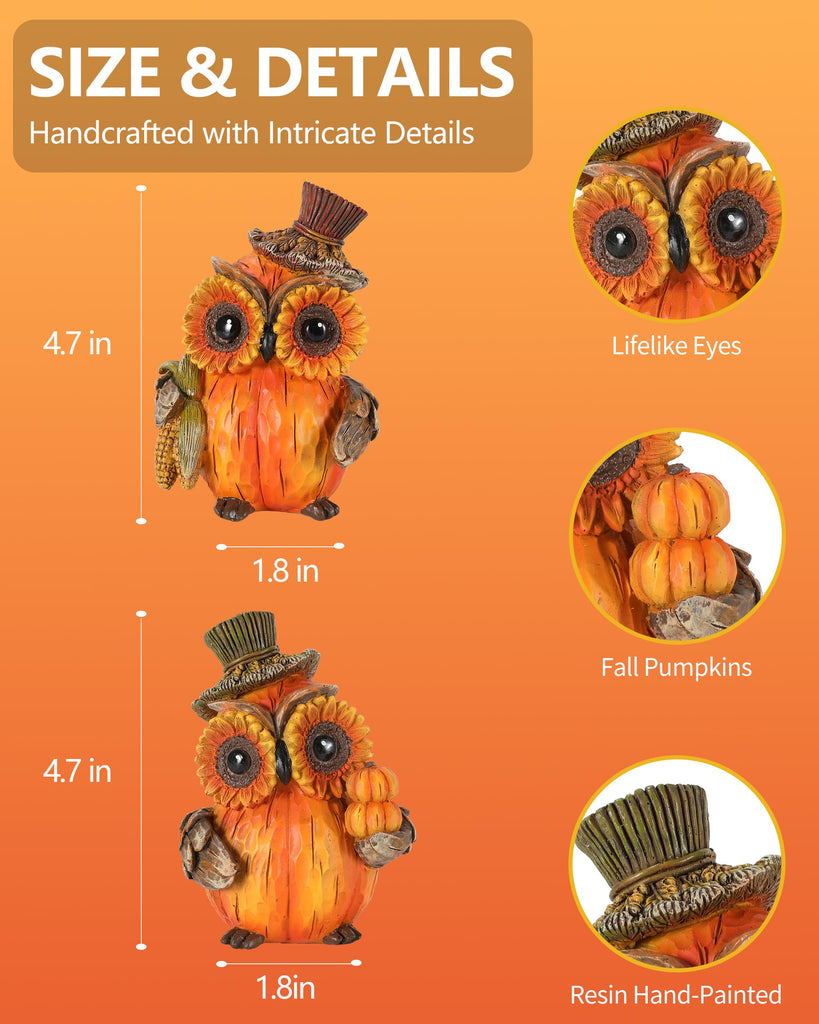 2-Pack Resin Thanksgiving Owl Figurine 4.7'' - Thanksgiving Table Decor Haverst Pumpkins Corns Decorations Indoor