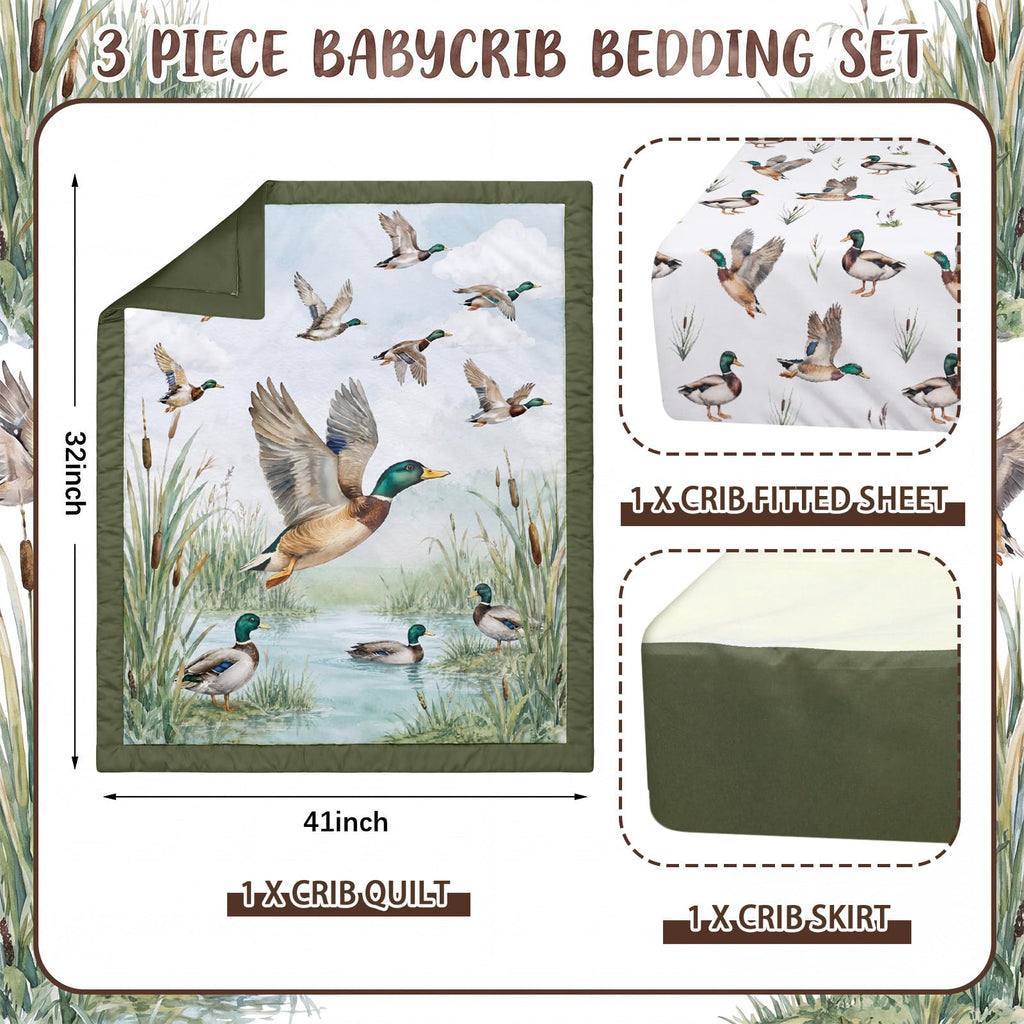 3 Pcs Mallard Duck Crib Sheet Set Baby Crib Bedding Set Includes 52"x28" Fitted Sheet, Quilt, Bed Skirt for Newborn