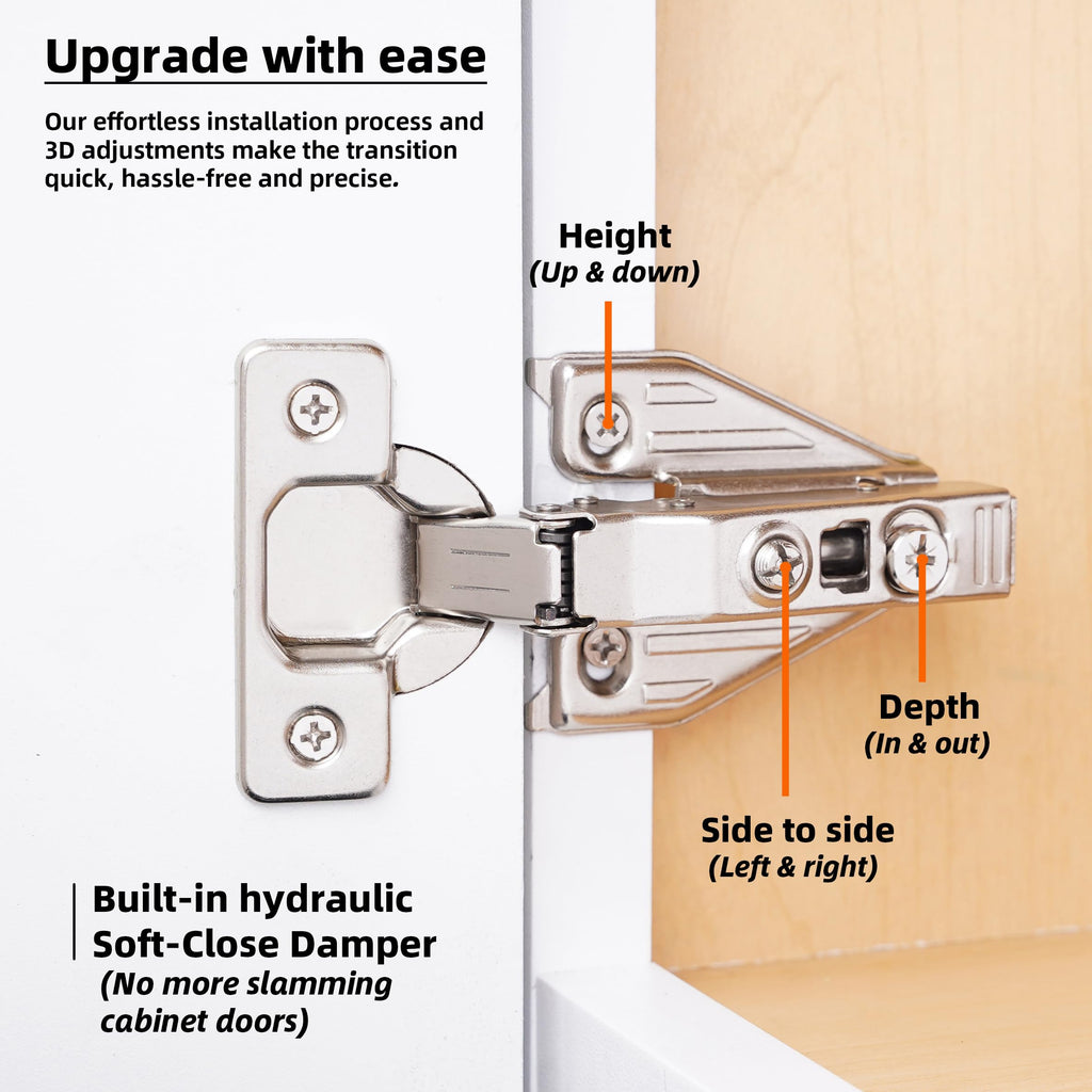 (40 PCS) Full Overlay Soft Close Cabinet Hinges Cabinets - 105° Face Frame Concealed Cabinet Door Hinge -3 Way