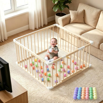 Small Wooden Baby Playpen, 36x36x24 Inch with Dual-Lock Safety Gate | Easy Assembly Activity Center, Space-Saving