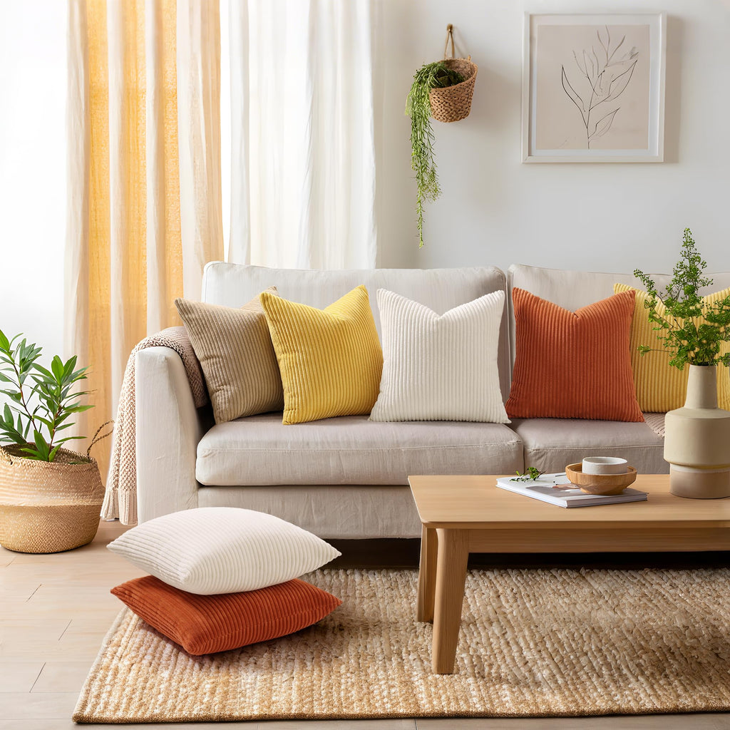 Corduroy Fall Throw Pillow Covers 26x26 Set of 2 Mustard Yellow