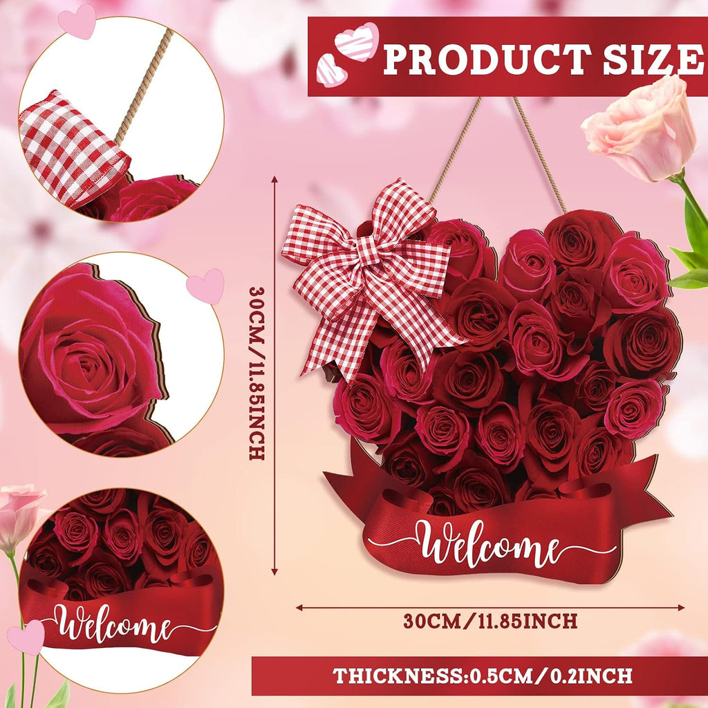 Valentine's Day Wooden Hanging Welcome Sign Romantic Retro Rose Door Decor Rustic Farmhouse Wreath Sign Door