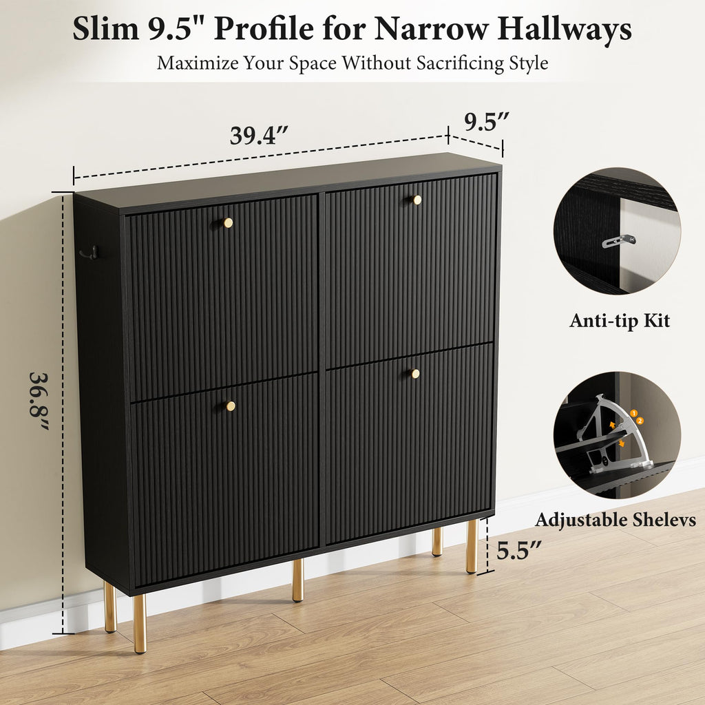 Shoe Storage Cabinet, 4 Flip Drawers with Adjustable Shelves, Mid-Century Modern Shoe Organizer with Tiered Fluted