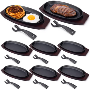 8 Pieces Cast Iron Fajita Skillet Pan Set Sizzling Steak Plate