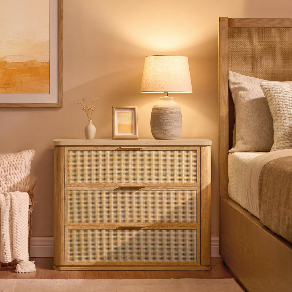 Night Stand, Rattan Nightstand with 3 Drawers