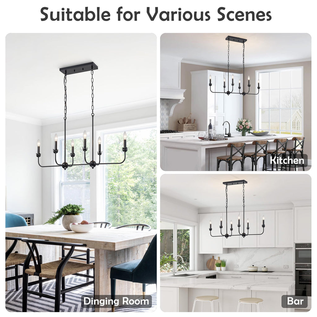 Modern Black 6-Light Linear Chandelier, E12 Base, Adjustable Chain Lighting Fixture Island, Dining Room, or Long Table