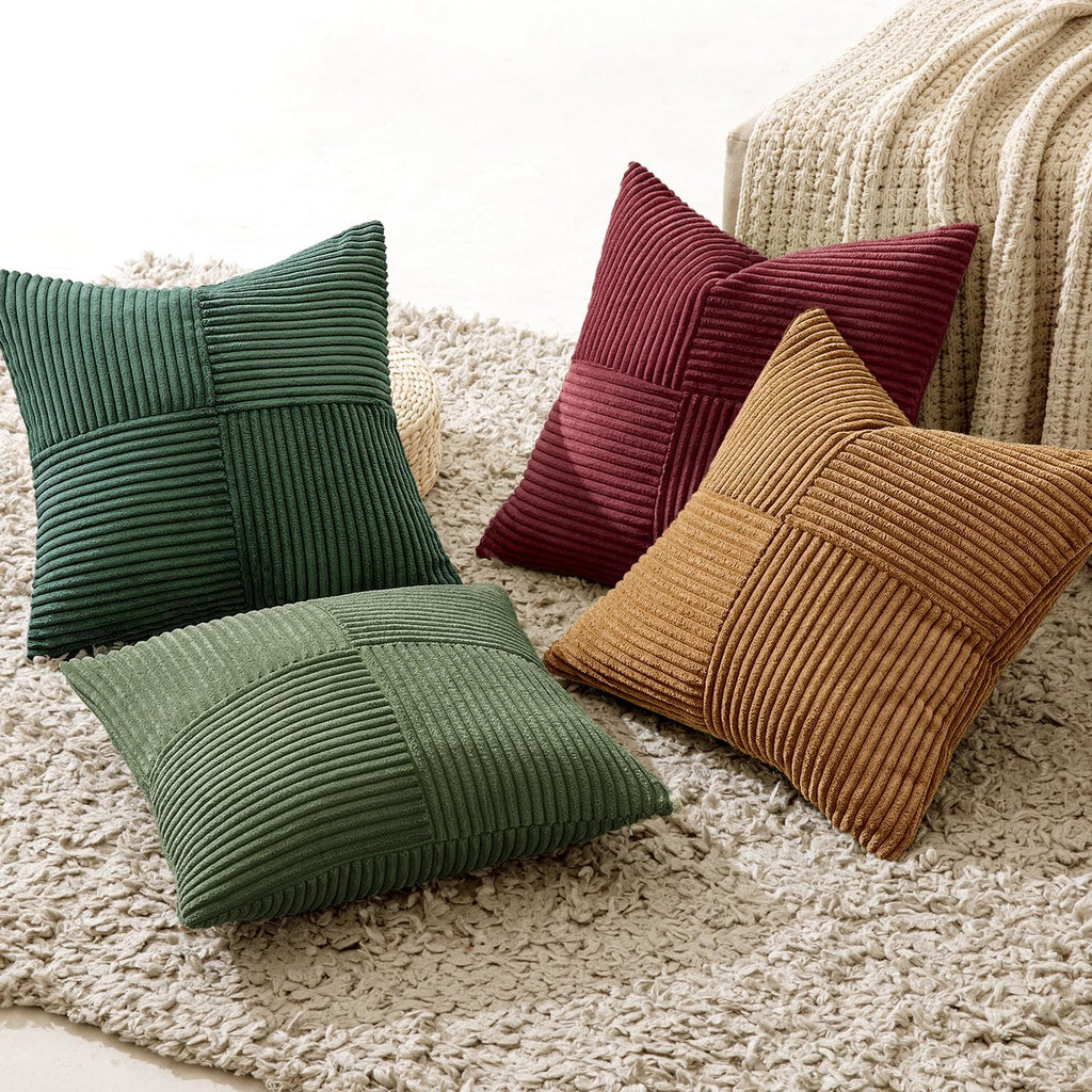 Boho Christmas Green Decorative Throw Pillow Covers 20x20 Farmhouse Cushion Covers Color-Clash Corduroy - Set of 4