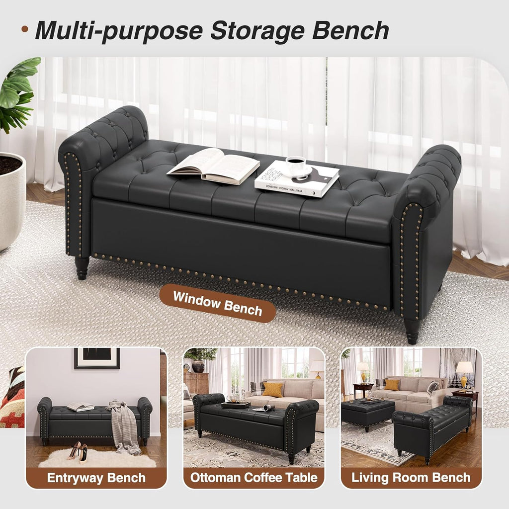 65 Inch Bedroom Bench, End of Bed Bench with Storage, Black | Bed Benches for Foot of Bed, Faux Leather Window Bench
