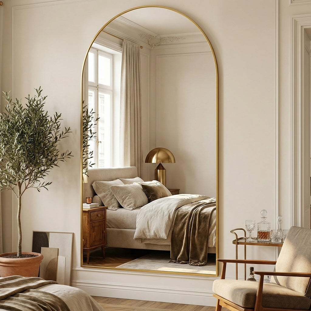 82"x44" Arched Full Length Mirror with Stand, Full Body Mirror with Aluminum Frame