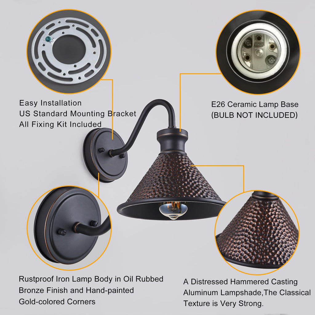 Gooseneck Outdoor Wall Light Fixtures, 2-Pack Farmhouse Barn Lights for Porch, Industrial Oil-Rubbed Bronze Exterior