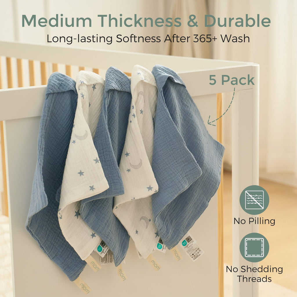 4-Layer Cotton Baby Washcloths, 5 Pack, Soft & Absorbent,Blue