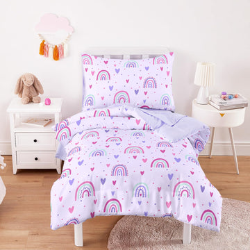 Toddler Bedding Set for Girls, Dreamy Cute Rainbow Heart, 4 Pieces Soft Crib Bed Set Including Comforter, Sheets and