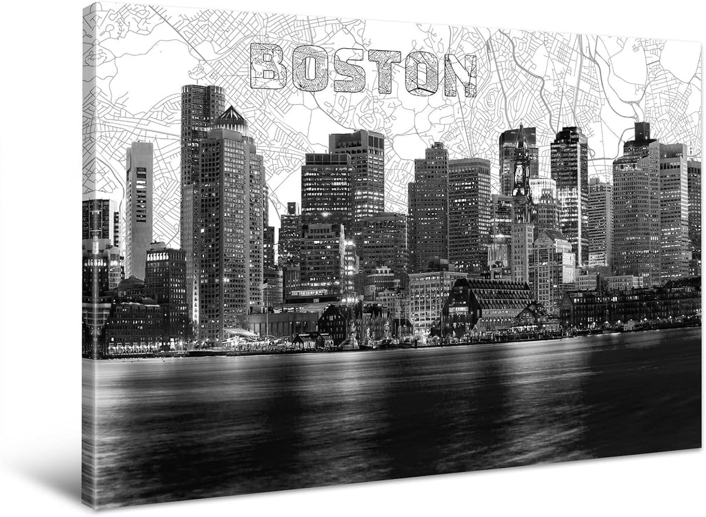 Boston Skyline Canvas Wall Art, 24"x36" Black and White Cityscape with Map Background, Modern Boston City Night View