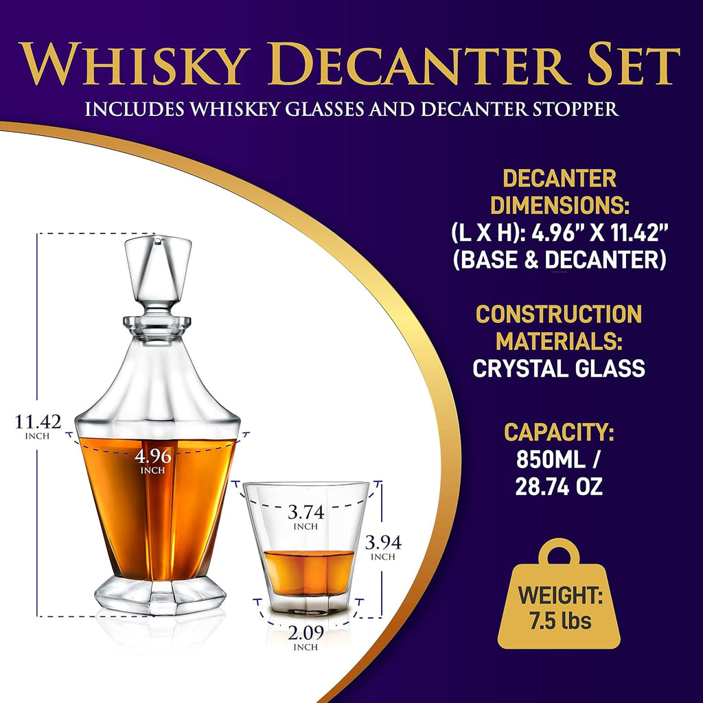 Whiskey Decanter Set with Glasses - Clear Glass Aerating Decanter with Stopper, Naturally Enhances Flavor & Aroma