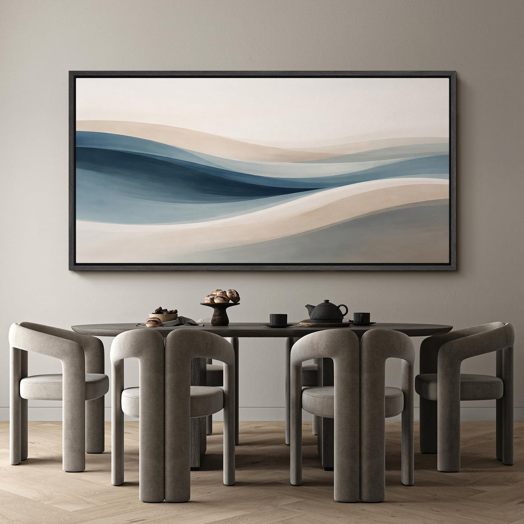 Extra Large Framed Canvas Print Wall Art Blue and Beige Abstract Wave Modern Neutral Illustrations Modern Art