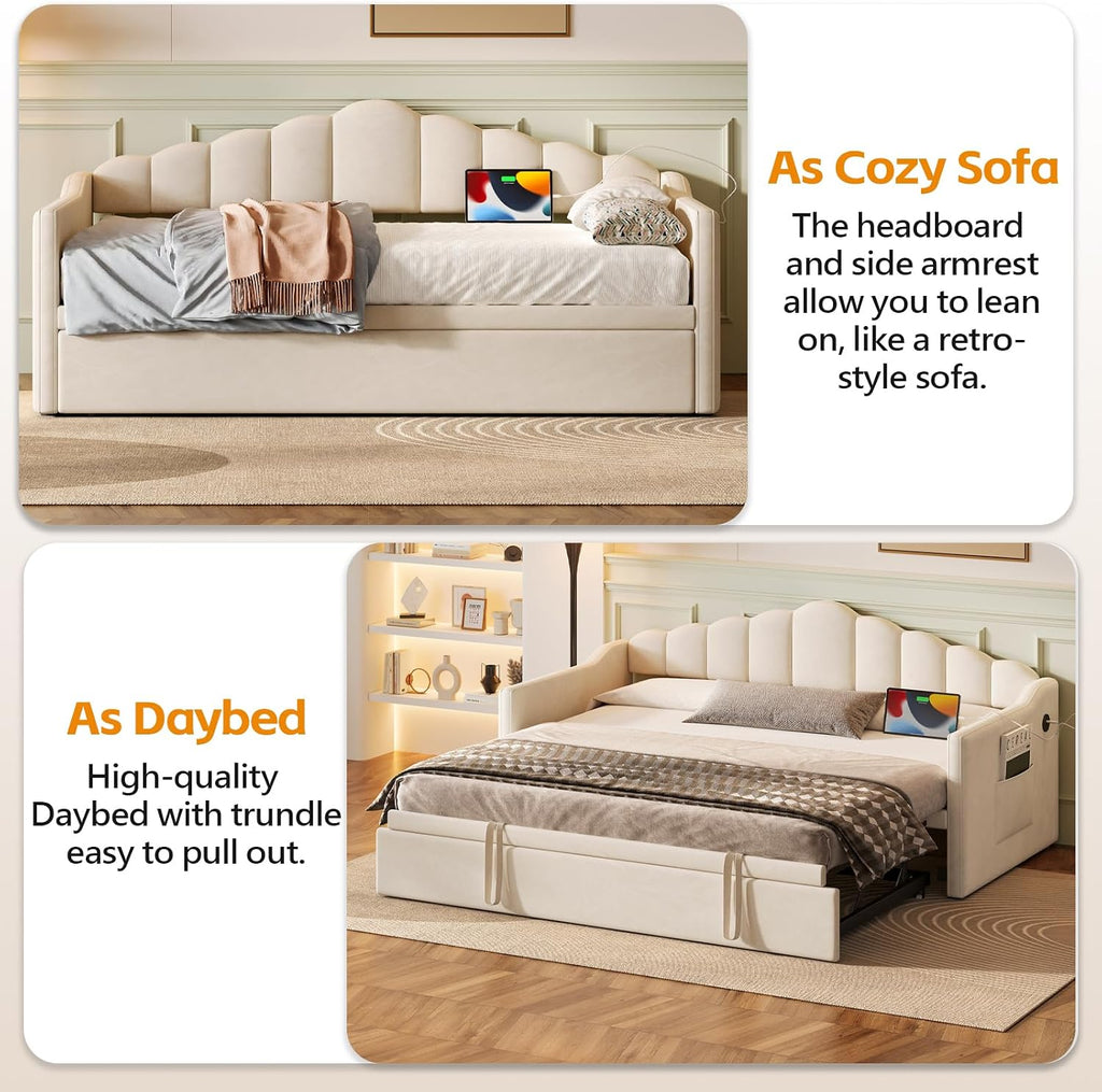 Daybed with Pop Up Trundle, Twin to King Sofa Bed Frame (Beige) | Velvet Upholstered, USB & Type-C Charging Port, 2