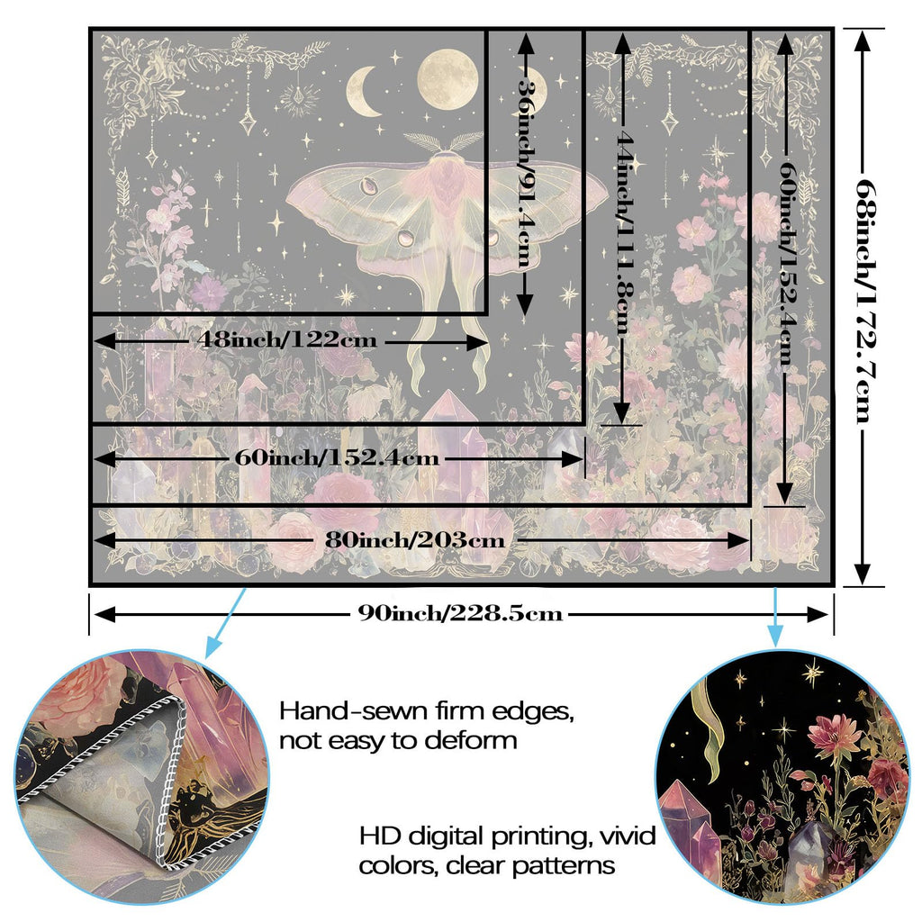 Boho Moon Butterfly Floral Tapestry, Witchy Aesthetic Moon Phase Luna Moth Wall Art Living Room Home Decor, Pink