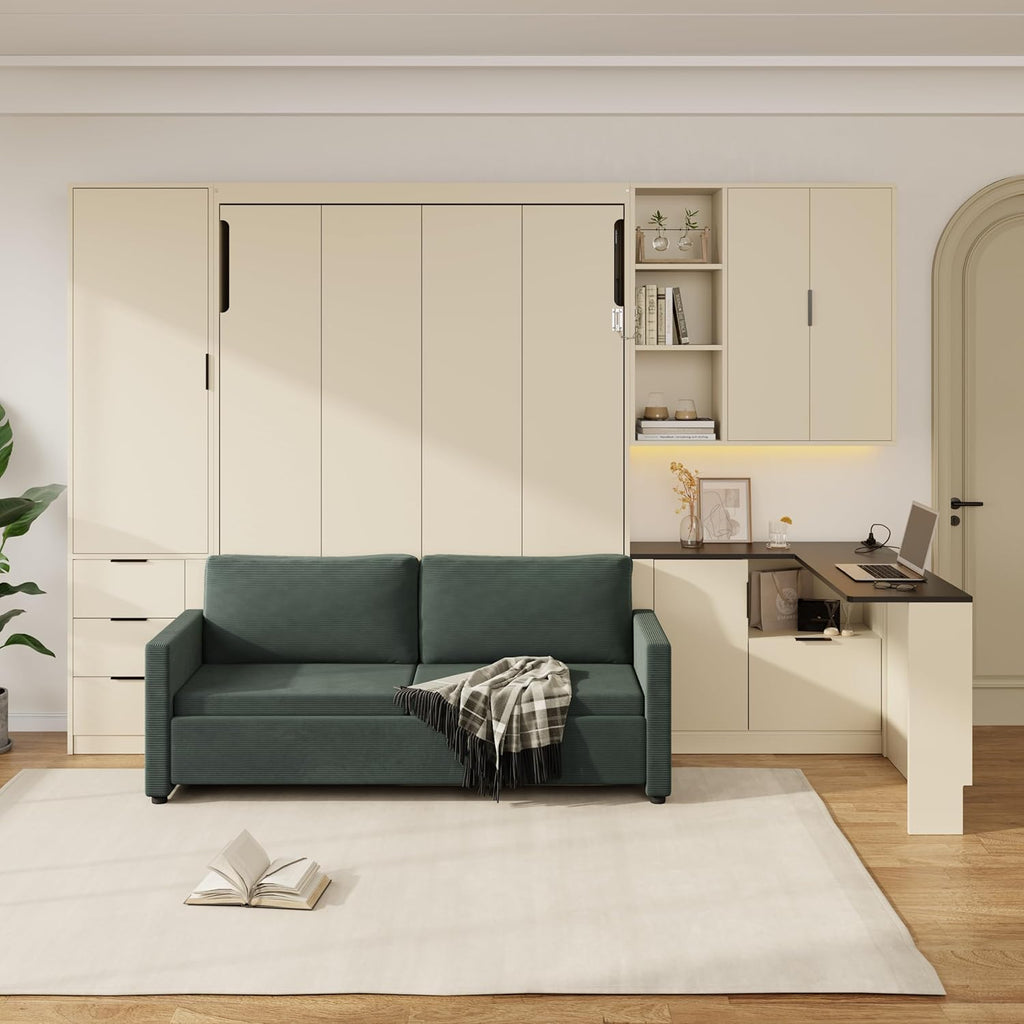 Queen Murphy Bed with Couch,L-Shape Desk and Storage Cabinet & LED, Wood Folding Murphy Wall Bed with Desk,Sofa and