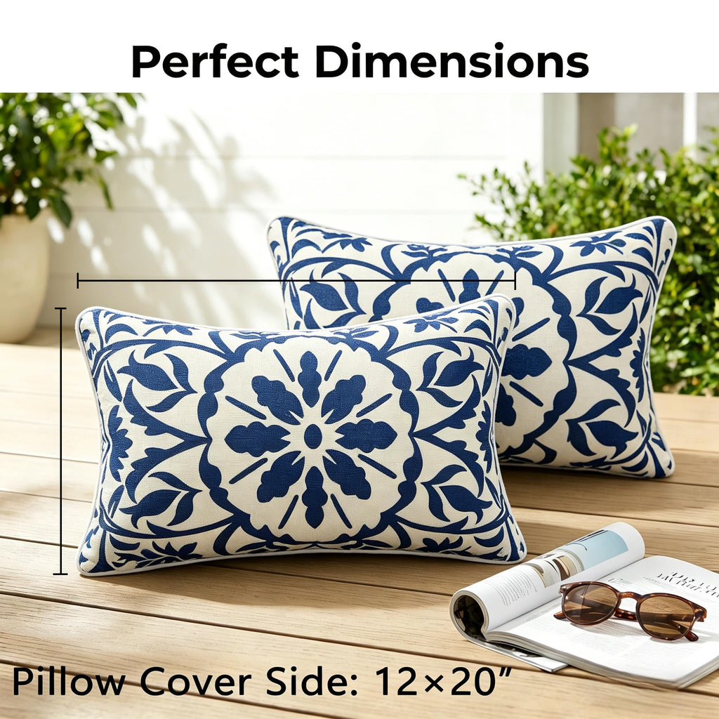Outdoor Lumbar Pillow 12x20 Inch, Blue Boho Pillows