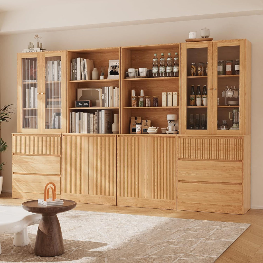 Tall Bookcase with Glass Doors and Drawers,71'' Wooden Bookshelf with Storage,Display Cabinet ,Set of 4 (DCCD)
