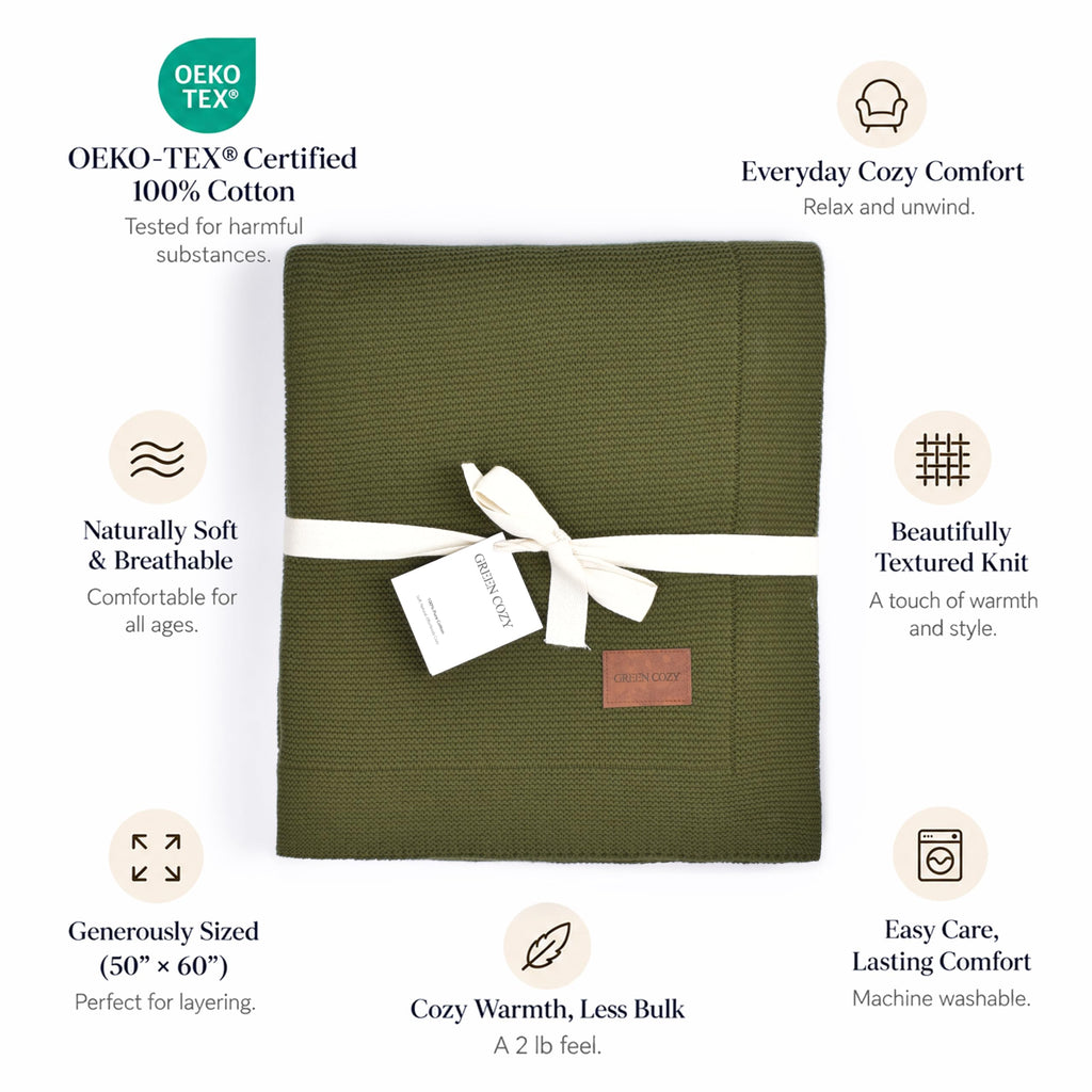 Premium 100% Cotton Knit Throw Blanket for Couch, Soft & Breathable, Oeko-TEX Certified, 50 x 60 Inches, Olive Green