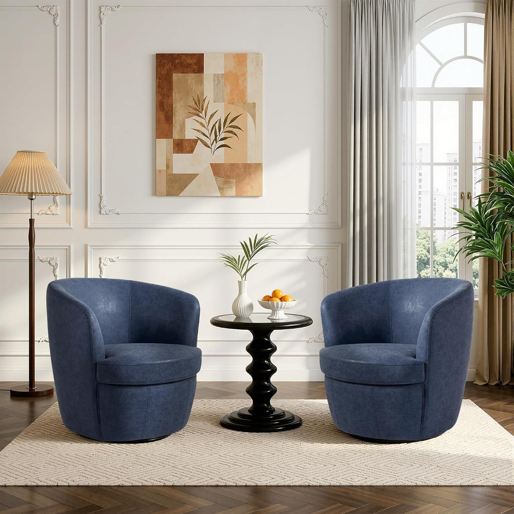 Faux Leather Swivel Accent Chairs, Barrel Club Chair, Navy - Set of 2