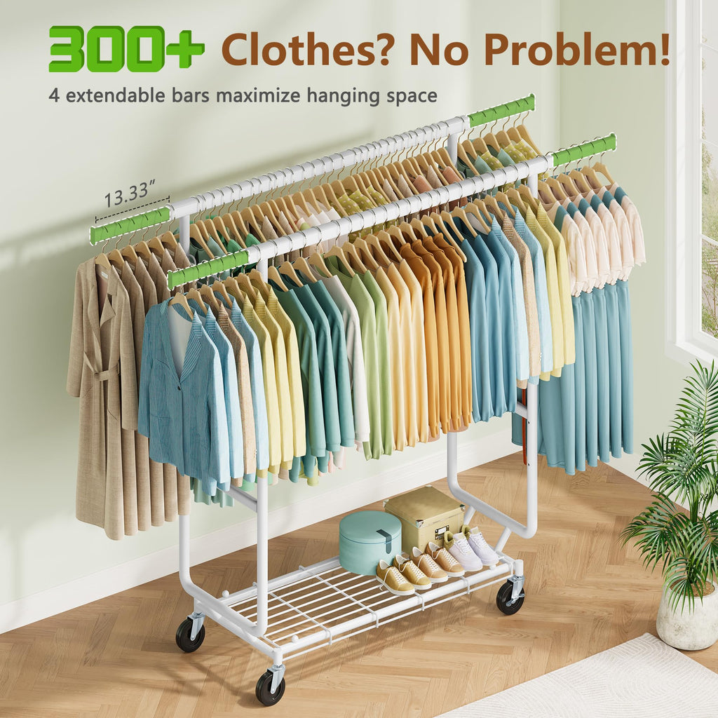 2-Minute Assembly Double Rod Clothes Rack, Heavy Duty Rolling Clothing Racks with Wheels, Foldable Commercial Garment