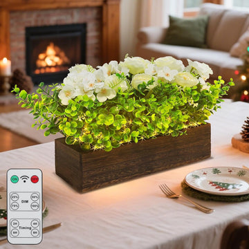 14" Artificial Peony Hydrangea Flowers Arrangement in Rectangular Wooden Planter Box, Rechargeable LED Faux Plants