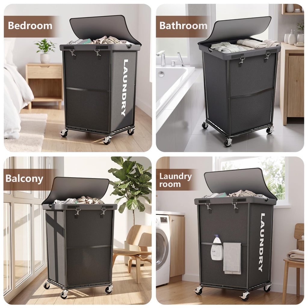 Hamper with Wheels and Lid, 150L Large Rolling Laundry Basket Gray