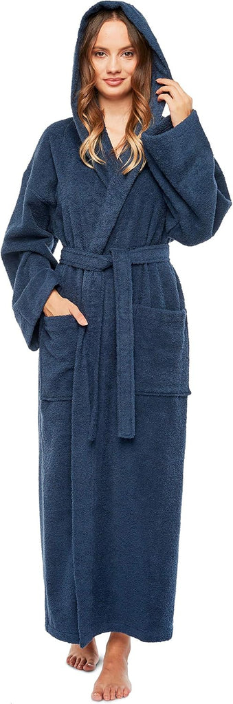 Women's Hooded Classic Bathrobe Turkish Cotton Robe with Full Length Options