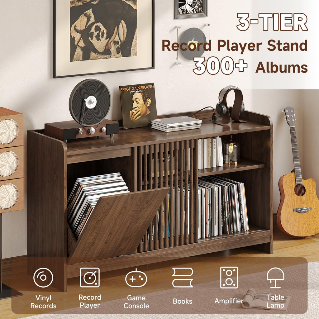 48" Record Player Stand w/Flip-Out Storage Cabinet, Sliding Door